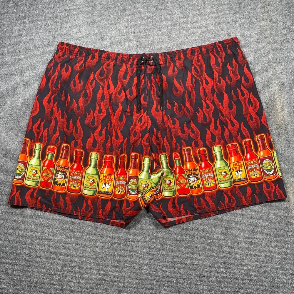 Big Dogs Hot Sauce Flames Swim Trunks Shorts Men's 3X Black‎ Red Fire Bottles